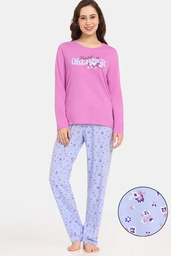 Buy Rosaline Bloom Fest Knit Cotton Pyjama Set - Chambray Blue